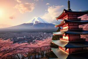 mt. Fuji com cereja flores dentro Japão às pôr do sol, fujiyoshida, Japão lindo Visão do montanha Fuji e chureito pagode às pôr do sol, ai gerado foto