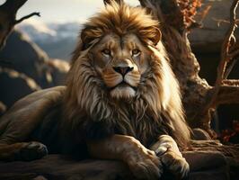 uma majestoso leão relaxante em topo do a pedras ai generativo foto