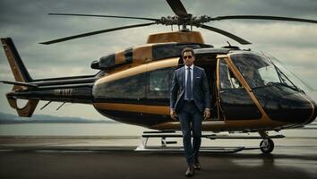 homem de negocios privado helicóptero transporte. ai gerado foto