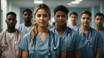 retrato do uma jovem enfermagem aluna em pé com dela equipe dentro hospital, vestido dentro esfoliantes, médico estagiário . médico conceito. ai gerado foto