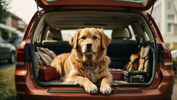 dourado retriever cachorro sentado dentro carro tronco pronto para uma período de férias viagem. ai gerado foto