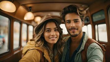 casal viagem e levar uma selfie em período de férias. ai gerado foto