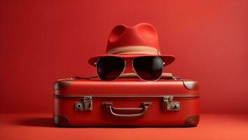 mala de viagem com chapéu e oculos de sol em vermelho fundo. ai gerado foto