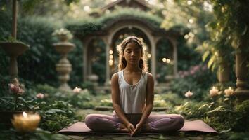 jovem menina ioga prática dentro uma mágico jardim. ai gerado foto