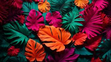 criativo fluorescente cor disposição fez do tropical folhas. plano deitar néon cores. natureza conceito.. ai gerado foto