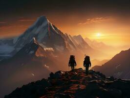 montanha alpinistas com montanhas dentro a fundo ai generativo foto