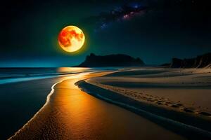 lua sobre a de praia às noite. gerado por IA foto