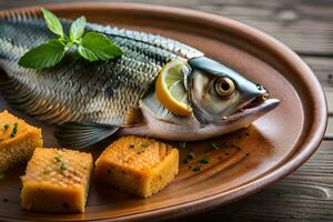uma peixe com limão fatias e batatas em uma placa. gerado por IA foto
