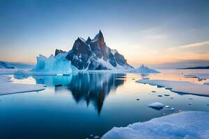 a Sol conjuntos sobre a iceberg dentro a ártico oceano. gerado por IA foto