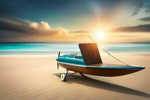 uma pequeno barco sentado em a areia às a de praia. gerado por IA foto