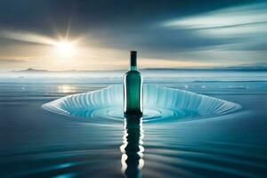 uma garrafa do vinho é sentado em a água. gerado por IA foto