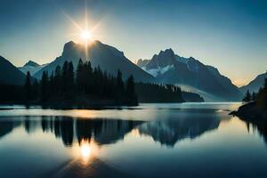 a Sol brilha sobre uma montanha alcance e lago. gerado por IA foto