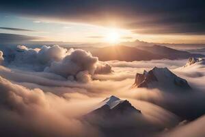 uma lindo nascer do sol sobre a nuvens dentro a montanhas. gerado por IA foto