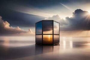 uma cubo sentado em a de praia com a Sol brilhando através isto. gerado por IA foto