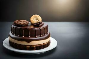 uma chocolate bolo com biscoitos e creme em topo. gerado por IA foto