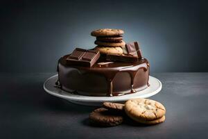 chocolate bolo com biscoitos e chocolate chuvisco em Sombrio fundo. gerado por IA foto