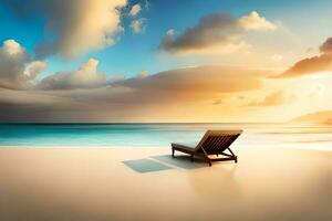 uma cadeira em a de praia às pôr do sol. gerado por IA foto