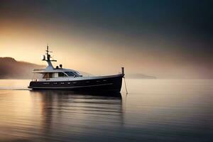 uma barco é Navegando em a água às pôr do sol. gerado por IA foto