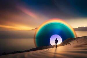 uma homem em pé dentro frente do uma arco Iris colori buraco. gerado por IA foto