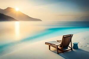 uma cadeira senta em a de praia às pôr do sol. gerado por IA foto