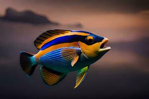 uma colorida peixe com uma azul e amarelo corpo. gerado por IA foto