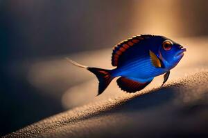 uma azul e vermelho peixe é em pé em a areia. gerado por IA foto