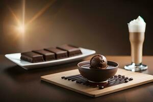 chocolate gelo creme e café em uma de madeira mesa. gerado por IA foto
