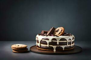 chocolate bolo com biscoitos e chocolate salgadinhos em uma Sombrio fundo. gerado por IA foto
