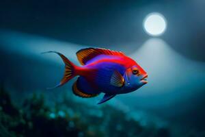 uma vermelho e azul peixe dentro a escuro. gerado por IA foto