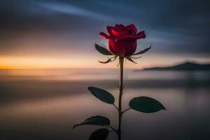 uma solteiro vermelho rosa é em pé dentro frente do a oceano. gerado por IA foto