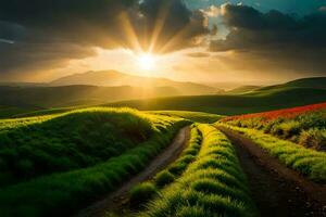 uma estrada dentro a meio do uma verde campo com uma Sol brilhando sobre isto. gerado por IA foto