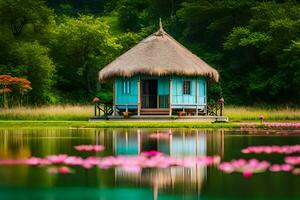 uma pequeno cabana senta em a Beira do uma lago cercado de Rosa flores gerado por IA foto