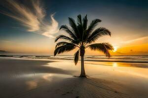 uma Palma árvore carrinhos em a de praia às pôr do sol. gerado por IA foto