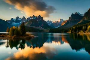 uma lindo montanha lago às pôr do sol com árvores e montanhas. gerado por IA foto