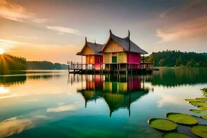 uma colorida casa senta em a água às pôr do sol. gerado por IA foto