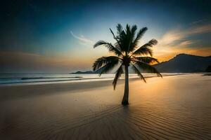 uma solitário Palma árvore carrinhos em a de praia às pôr do sol. gerado por IA foto
