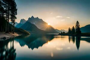 a Sol sobe sobre uma montanha alcance e lago. gerado por IA foto