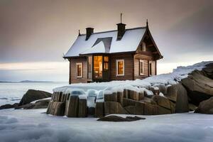 uma pequeno de madeira casa senta em topo do uma Rocha. gerado por IA foto