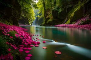 uma rio com Rosa flores dentro a primeiro plano e cascata dentro a fundo. gerado por IA foto