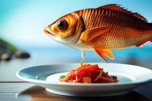 peixe pulando Fora do uma prato com Comida em isto. gerado por IA foto