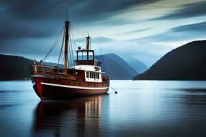 uma barco é flutuando dentro a água perto montanhas. gerado por IA foto