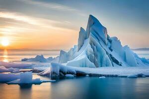 icebergs às pôr do sol dentro a ártico oceano. gerado por IA foto
