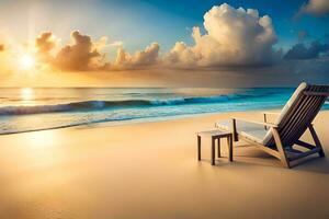 de praia cadeira em a de praia às pôr do sol. gerado por IA foto
