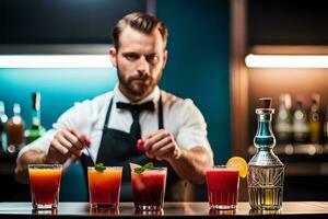 barman preparando coquetéis dentro bar. gerado por IA foto