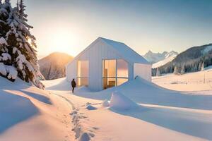 uma pequeno branco casa senta dentro a meio do uma Nevado campo. gerado por IA foto