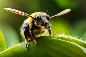 uma abelha com ampla olhos sentado em uma folha. gerado por IA foto