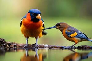 dois colorida pássaros em pé em uma ramo perto água. gerado por IA foto