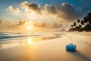 uma mala de viagem em a de praia às pôr do sol. gerado por IA foto