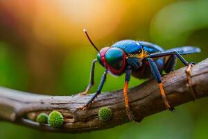 uma colorida inseto é sentado em uma ramo. gerado por IA foto