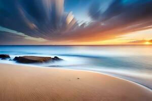 uma grandes exposição fotografia do a oceano e céu às pôr do sol. gerado por IA foto